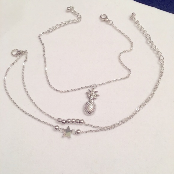 Set of Two silvertone 8”  Ankle Bracelets. Star, beads and pineapple.  New. - Picture 2 of 4